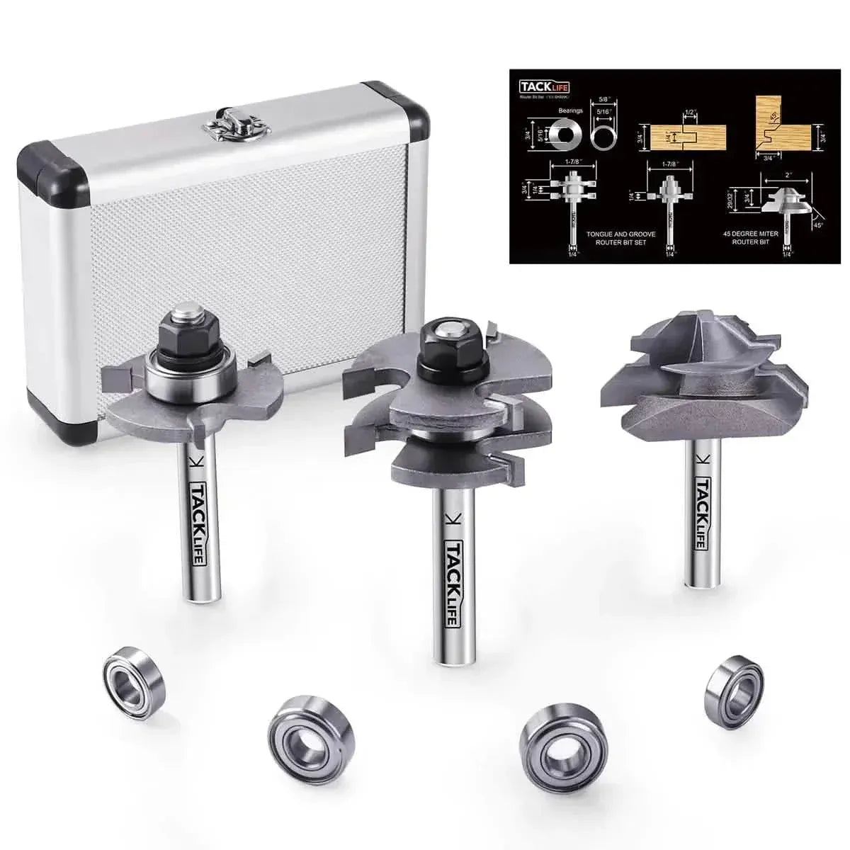 TACKLIFE Router Bit Set 1/4 Shank, Tongue and Groove Router Bit Set with 4Pcs Bearings Set RB31C - A-1 Thread Vault