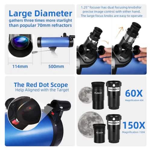 Telescope for Beginner 114mm Aperture 500mm AZ Mount Astronomical Reflector - A-1 Thread Vault