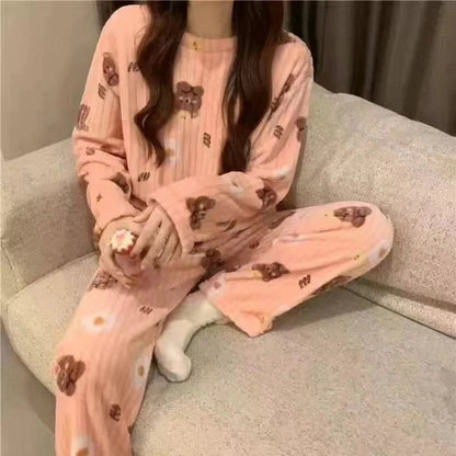 Thiened Long Sve Coral Fce Pajamas Women's Winter Home Clothes Set Cute Cartoon Print round Ne Spwear Set for Youth - A-1 Thread Vault