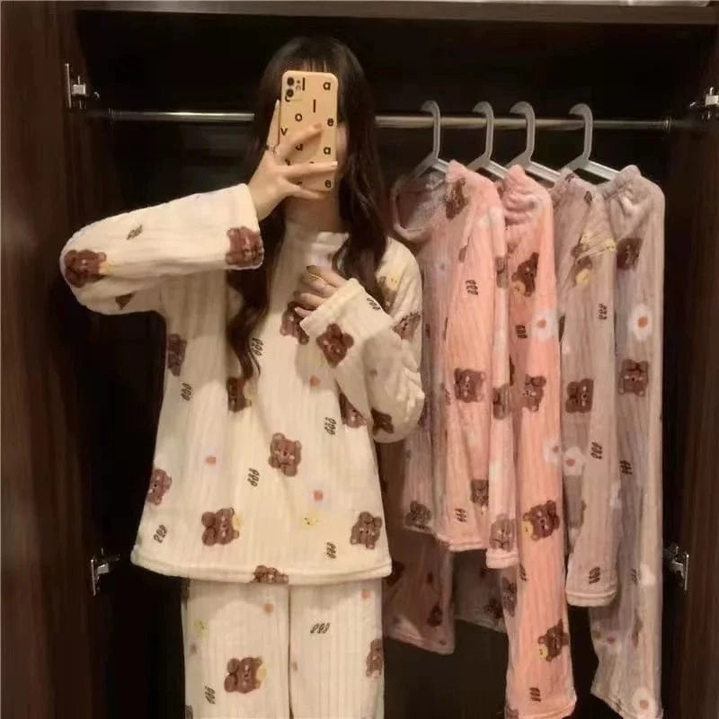 Thiened Long Sve Coral Fce Pajamas Women's Winter Home Clothes Set Cute Cartoon Print round Ne Spwear Set for Youth - A-1 Thread Vault