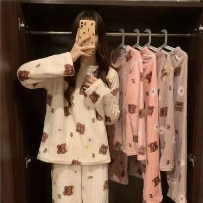 Thiened Long Sve Coral Fce Pajamas Women's Winter Home Clothes Set Cute Cartoon Print round Ne Spwear Set for Youth - A-1 Thread Vault