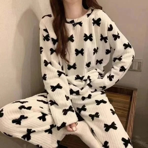 Thiened Long Sve Coral Fce Pajamas Women's Winter Home Clothes Set Cute Cartoon Print round Ne Spwear Set for Youth - A-1 Thread Vault