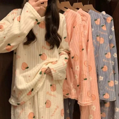 Thiened Long Sve Coral Fce Pajamas Women's Winter Home Clothes Set Cute Cartoon Print round Ne Spwear Set for Youth - A-1 Thread Vault