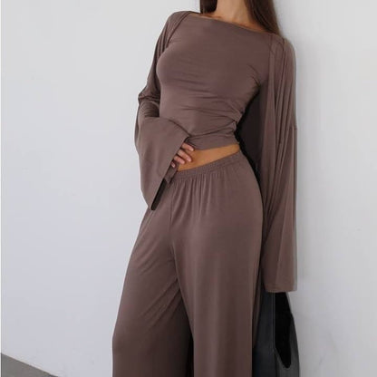 Three-Piece Cape Cardigan Set | Crop Top & Wide-Leg Pants Outfit(MS258) - A-1 Thread Vault