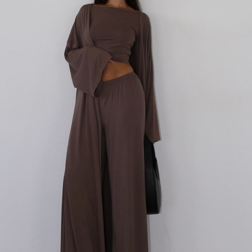 Three-Piece Cape Cardigan Set | Crop Top & Wide-Leg Pants Outfit(MS258) - A-1 Thread Vault