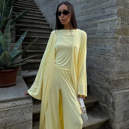 Three-Piece Cape Cardigan Set | Crop Top & Wide-Leg Pants Outfit(MS258) - A-1 Thread Vault