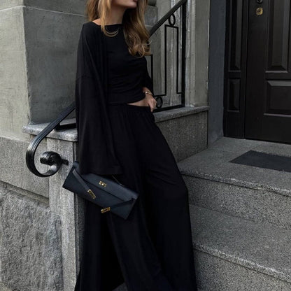 Three-Piece Cape Cardigan Set | Crop Top & Wide-Leg Pants Outfit(MS258) - A-1 Thread Vault