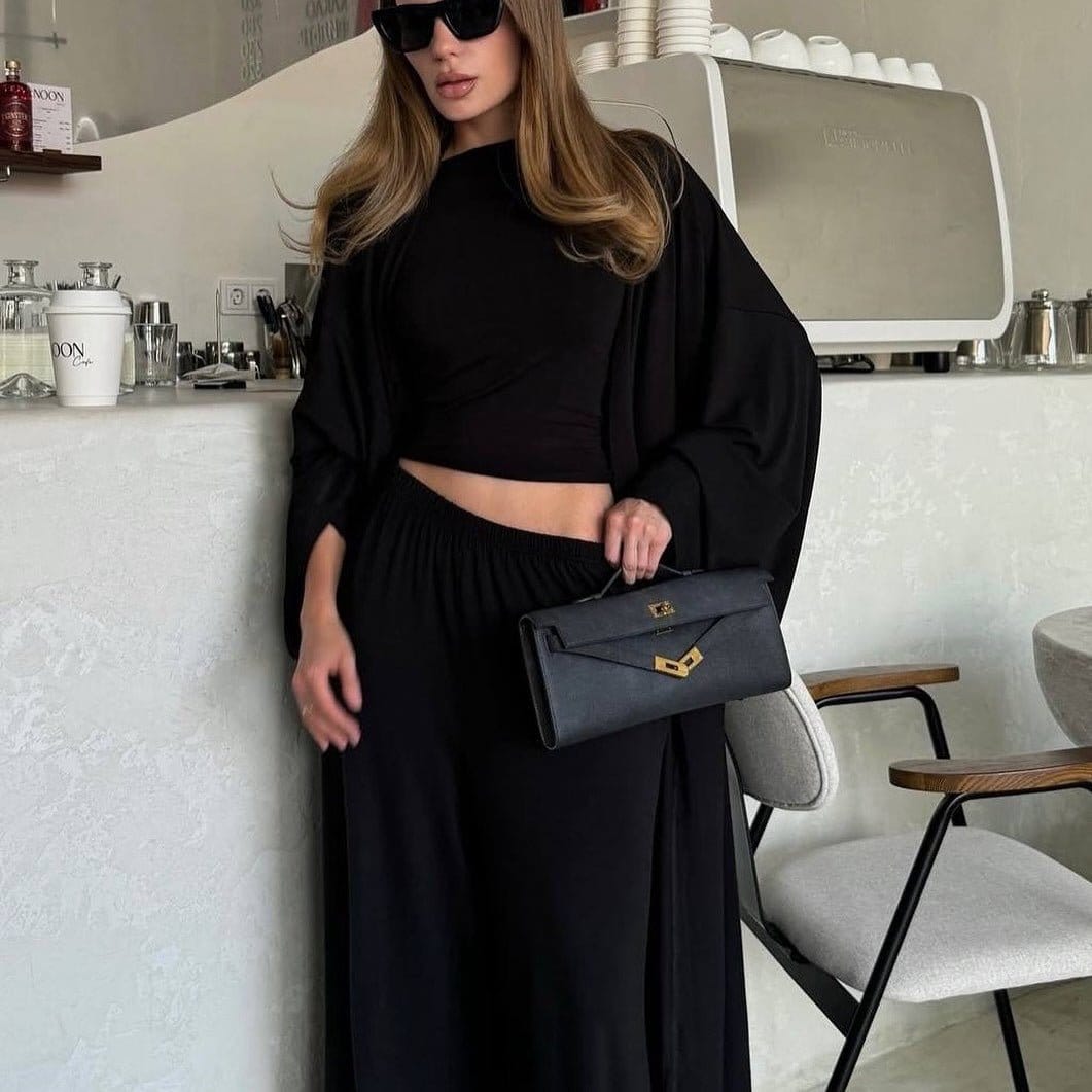 Three-Piece Cape Cardigan Set | Crop Top & Wide-Leg Pants Outfit(MS258) - A-1 Thread Vault