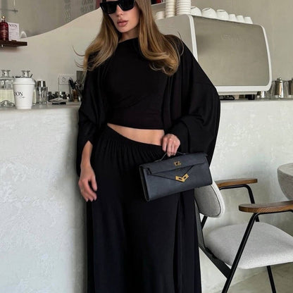 Three-Piece Cape Cardigan Set | Crop Top & Wide-Leg Pants Outfit(MS258) - A-1 Thread Vault