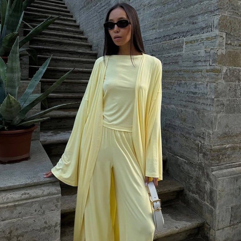 Three-Piece Cape Cardigan Set | Crop Top & Wide-Leg Pants Outfit(MS258) - A-1 Thread Vault