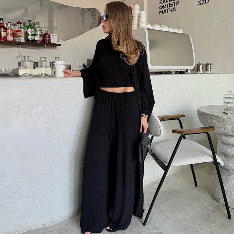 Three-Piece Cape Cardigan Set | Crop Top & Wide-Leg Pants Outfit(MS258) - A-1 Thread Vault