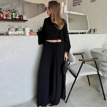 Three-Piece Cape Cardigan Set | Crop Top & Wide-Leg Pants Outfit(MS258) - A-1 Thread Vault