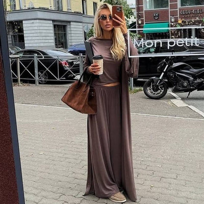 Three-Piece Cape Cardigan Set | Crop Top & Wide-Leg Pants Outfit(MS258) - A-1 Thread Vault
