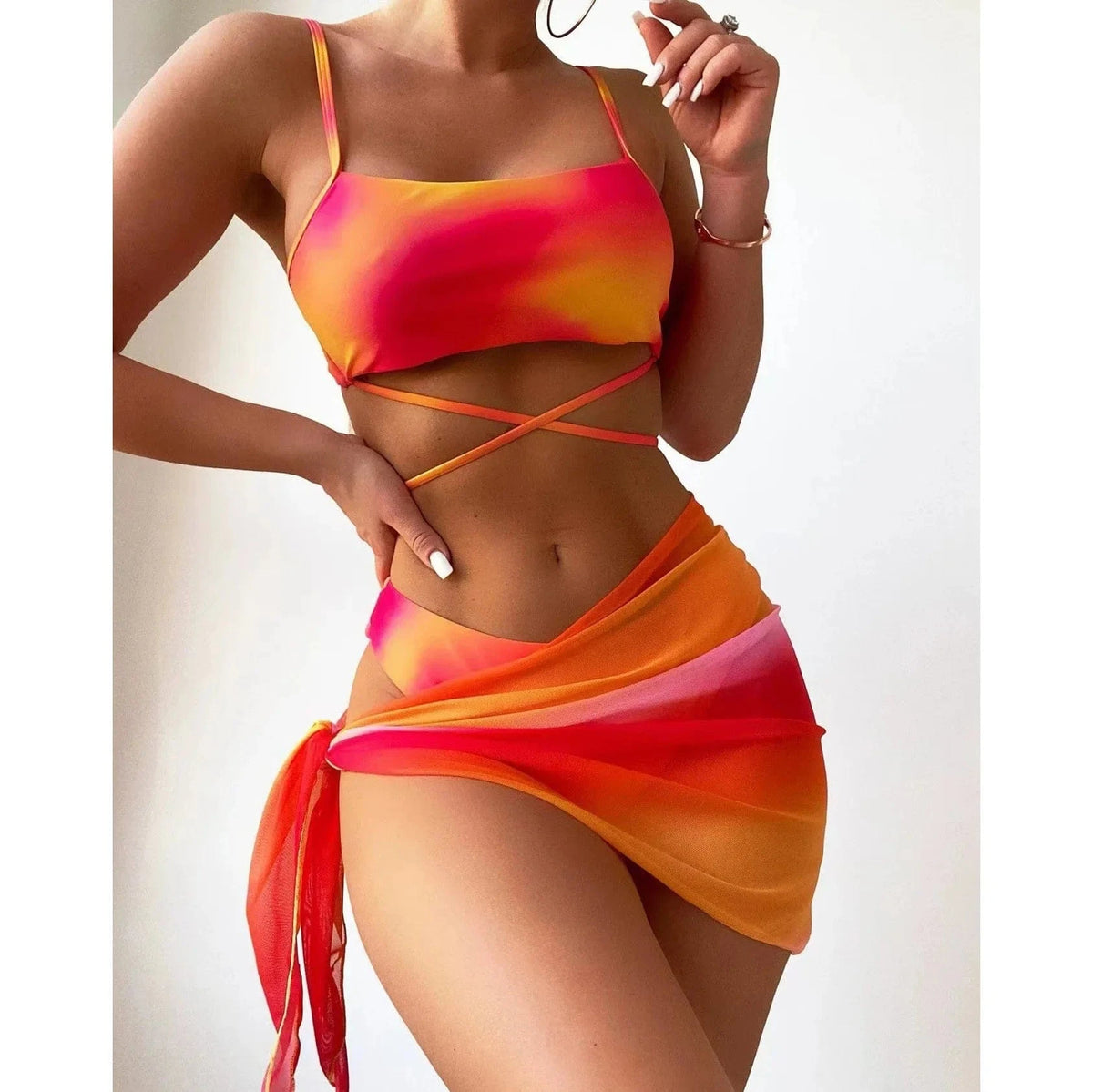 Tie Dye Bikini Swimsuit Women's Three Piece Set Mesh Skirt Split Body Suspender Fashionable Swimsuit Padded Bikini Set Swimwear - A-1 Thread Vault