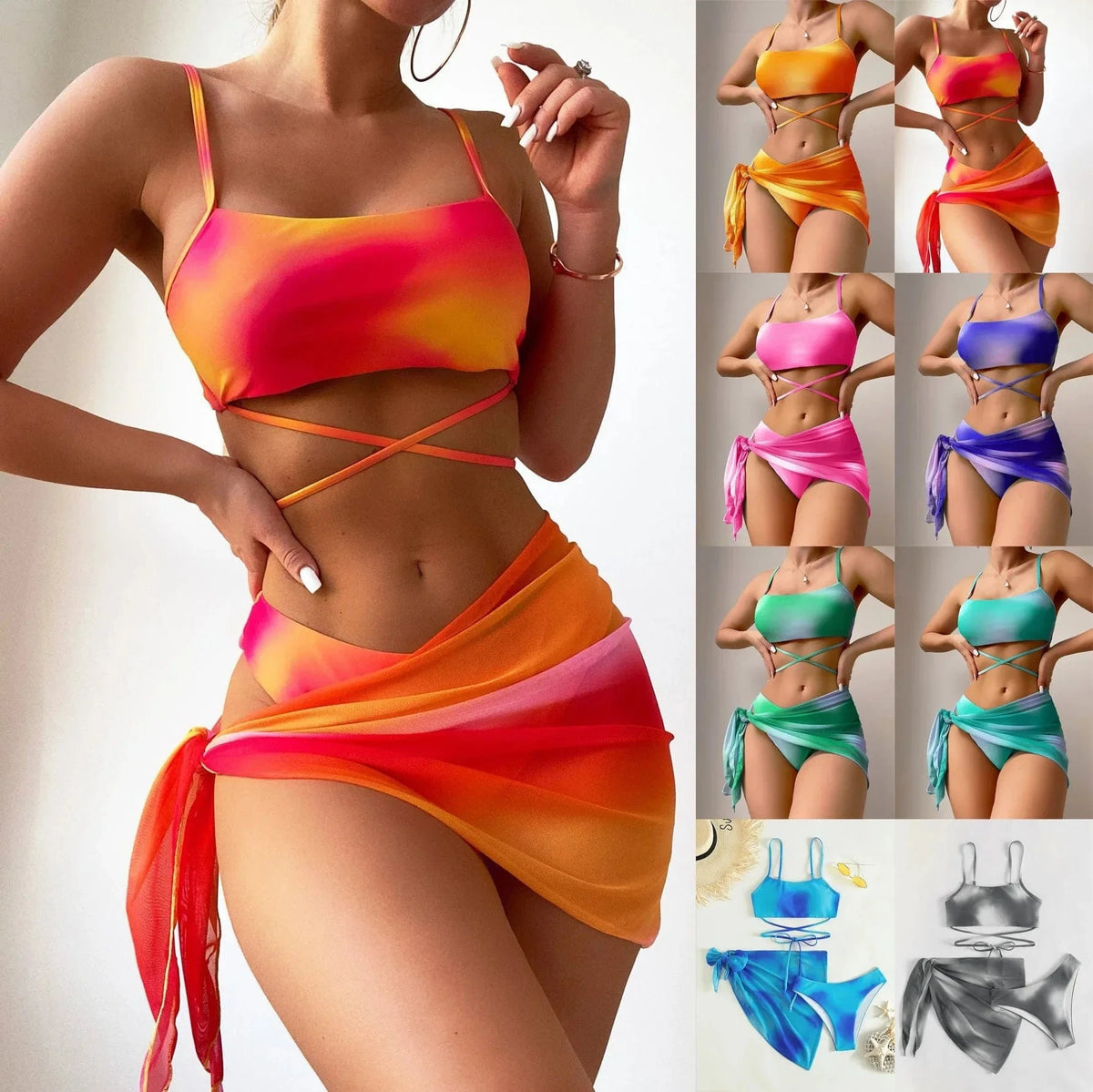 Tie Dye Bikini Swimsuit Women's Three Piece Set Mesh Skirt Split Body Suspender Fashionable Swimsuit Padded Bikini Set Swimwear - A-1 Thread Vault