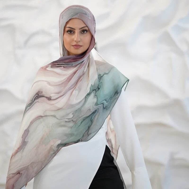 Tie-Dye Watercolor Print Satin Hijab Scarf(MH212) - A-1 Thread Vault