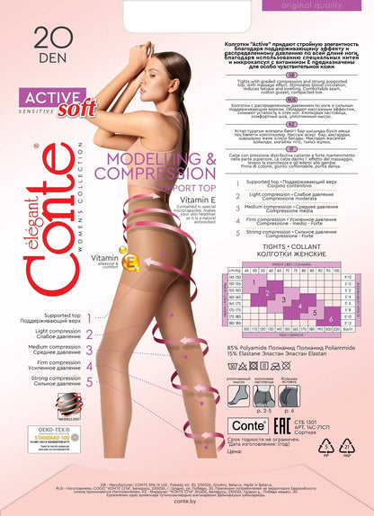 Tights Conte Active Soft 20 Den - Shaping Support with Vitamin E - A-1 Thread Vault