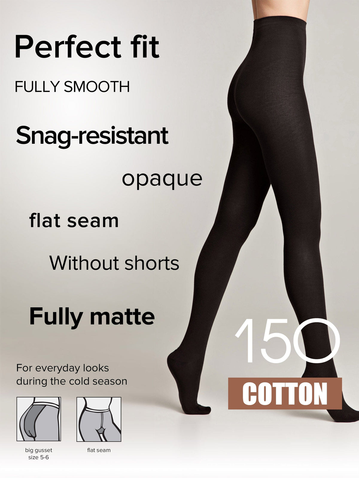 Black opaque tights worn by a person, featuring a matte finish, flat seams, and a gusset panel for a smooth fit during cold weather.