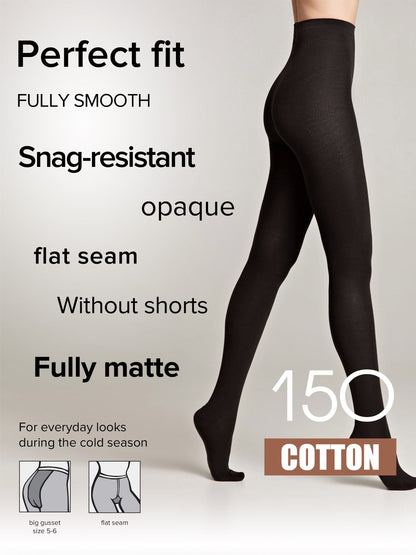 Black opaque tights worn by a person, featuring a matte finish, flat seams, and a gusset panel for a smooth fit during cold weather.