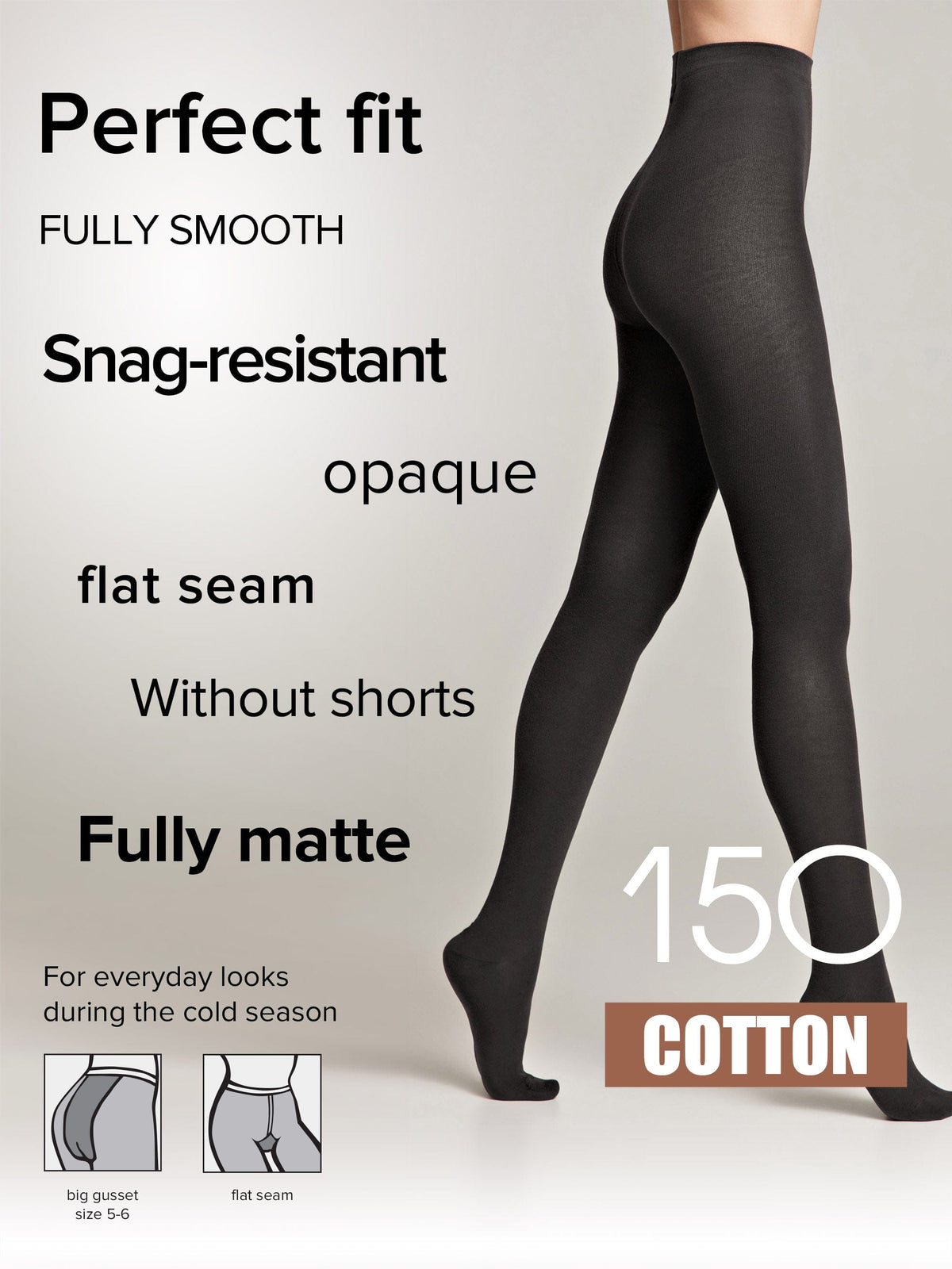 A pair of opaque black tights worn by a person, featuring a flat seam and a matte finish suitable for cold weather.