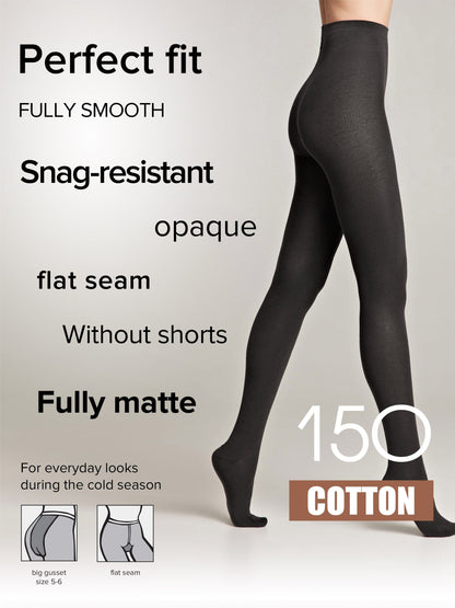 A pair of opaque black tights worn by a person, featuring a flat seam and a matte finish suitable for cold weather.