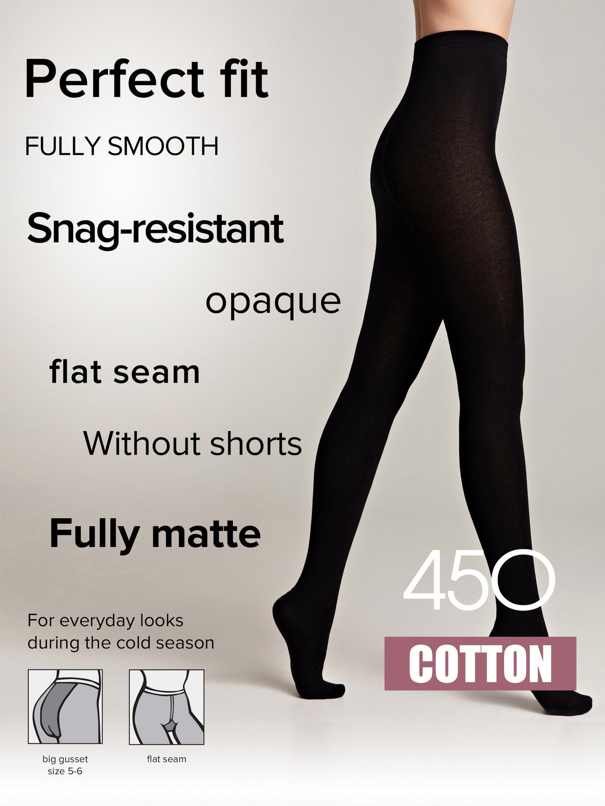 A pair of opaque black tights worn by a model, featuring a smooth, matte finish, a flat seam design, and an integrated gusset for a comfortable fit.
