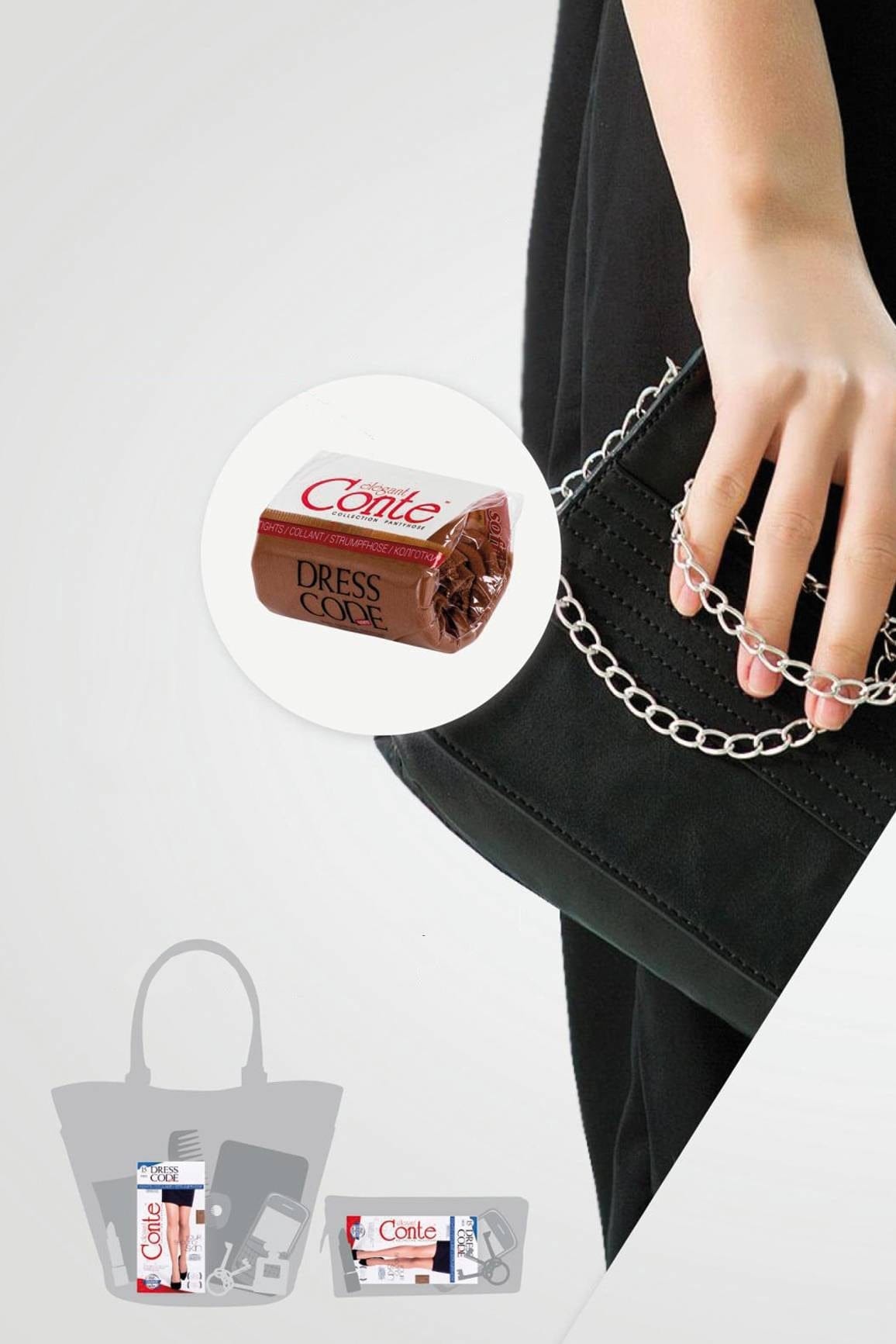 A rolled pair of brown hosiery is displayed next to a black handbag held by a woman, with an illustration at the bottom showing the product packaged inside a handbag.