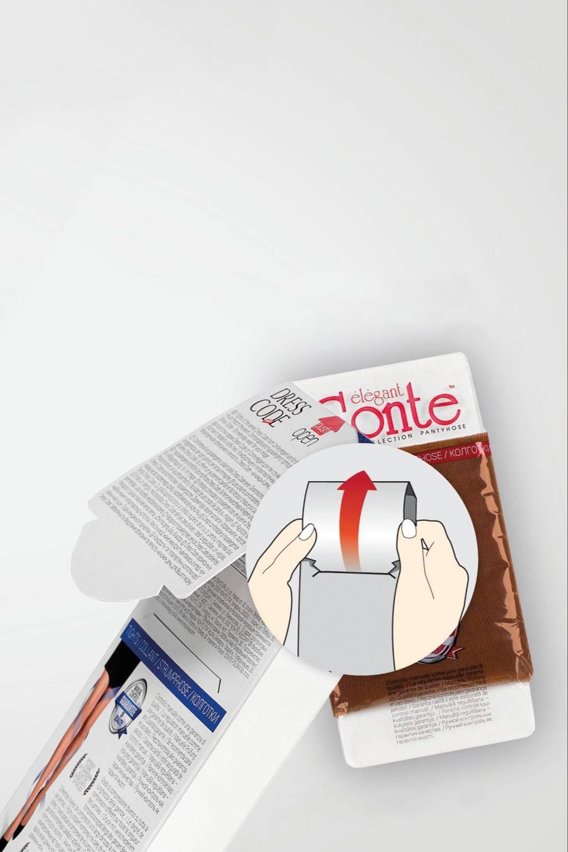 A package of pantyhose is shown partially open with an illustrated diagram indicating how to lift the top flap to access the garment inside.