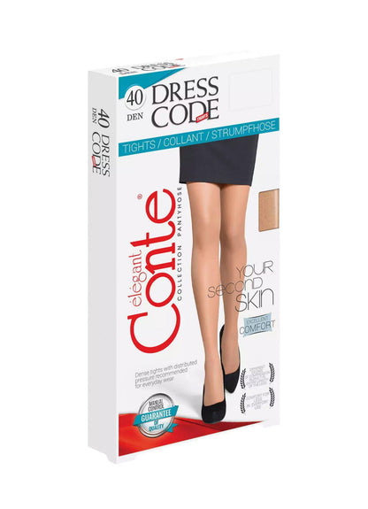 A box of beige pantyhose featuring an illustration of a woman wearing the tights with black high heels against a white background.