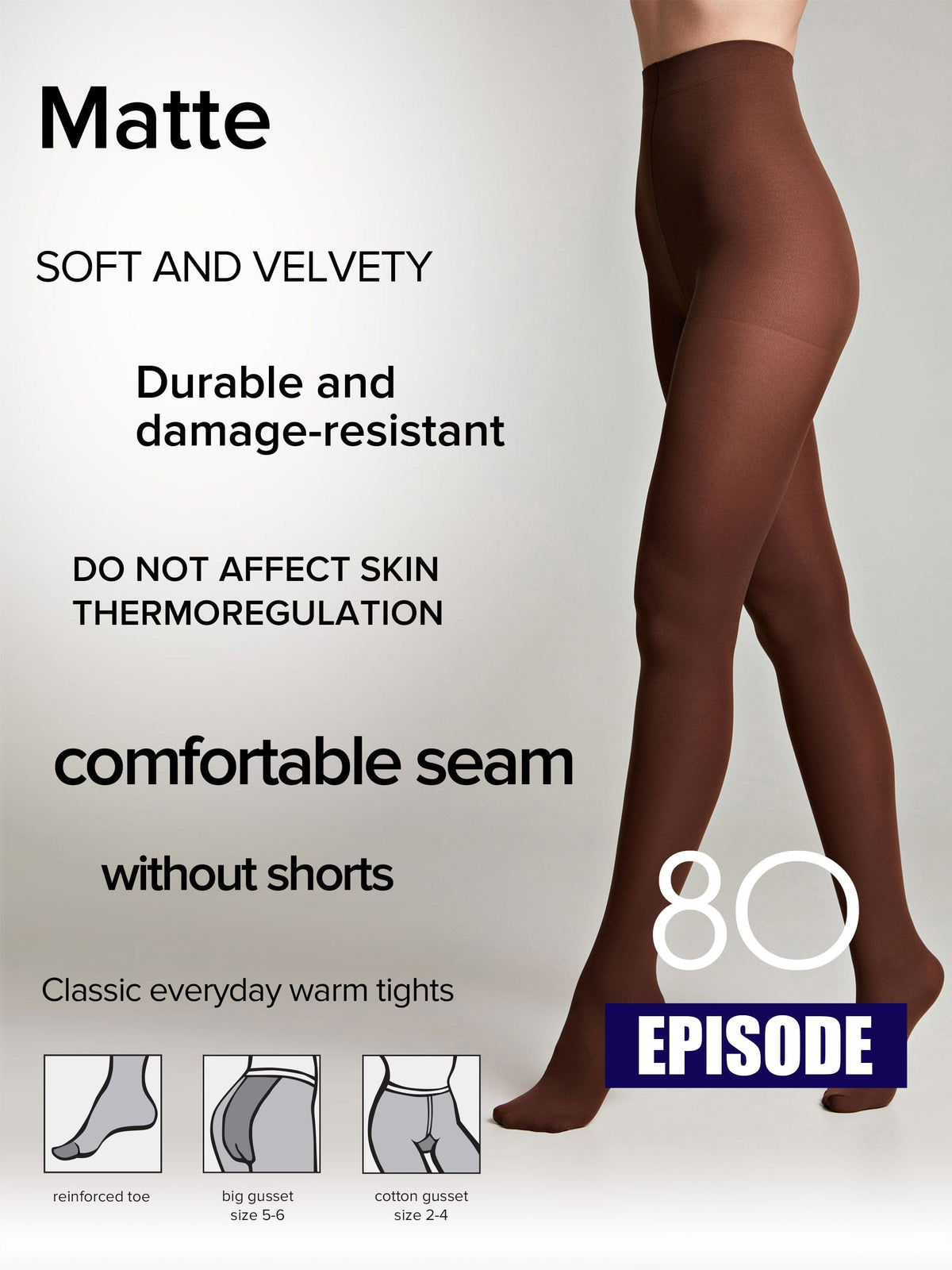 A pair of opaque brown tights is worn by a person, featuring text overlays describing the features including a reinforced toe and gusset designs at the bottom.