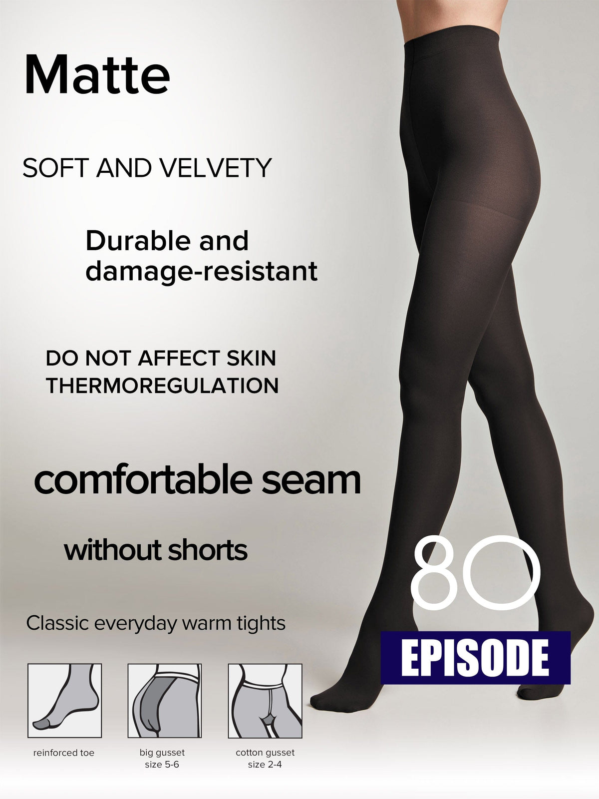 A pair of opaque matte black tights shown on a model's legs with diagrams at the bottom illustrating features like a reinforced toe, a large gusset, and a cotton gusset.