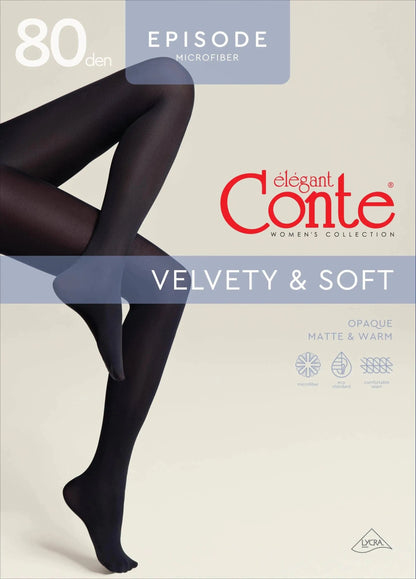 Black opaque tights worn on a pair of legs against a light background.