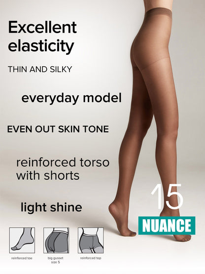 Sheer brown pantyhose worn by a model against a plain background, with text overlays highlighting features like elasticity, an even skin tone, reinforced torso and toe, and a light shine.