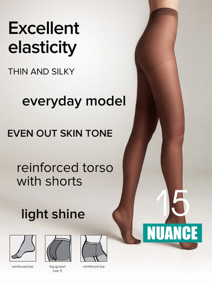 Sheer brown pantyhose worn by a model, featuring a reinforced toe, a gusset, and a reinforced top section against a plain light background.