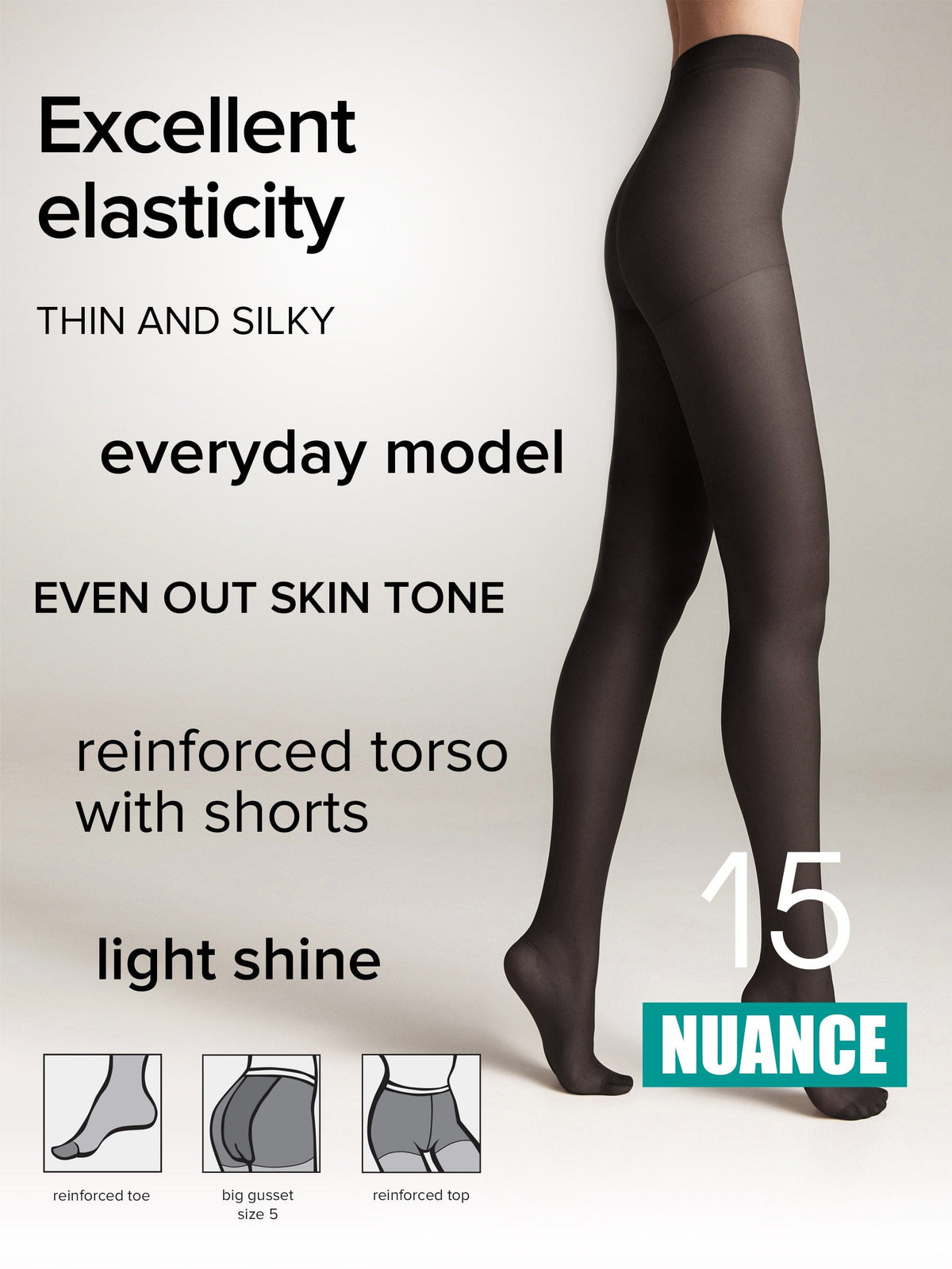 Sheer black pantyhose worn by a model, featuring a reinforced toe, a large gusset, and a reinforced top section, displayed against a light grey background.