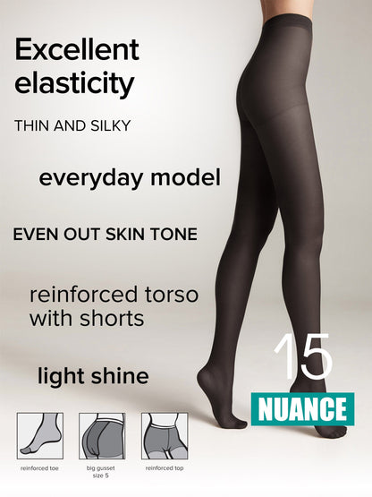 Sheer black pantyhose worn by a model, featuring a reinforced toe, a large gusset, and a reinforced top section, displayed against a light grey background.