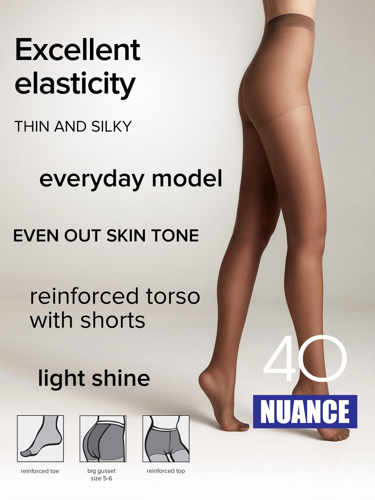 A person wears sheer tan tights with a reinforced toe, reinforced torso with shorts, and a light sheen.
