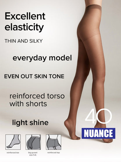 A person wears sheer tan tights with a reinforced toe, reinforced torso with shorts, and a light sheen.