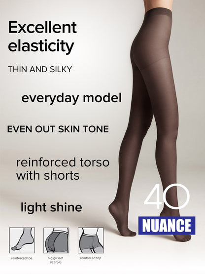 Sheer brown pantyhose worn by a person with a reinforced toe, gusset, and waistband, accompanied by labels detailing product features like elasticity and finish.