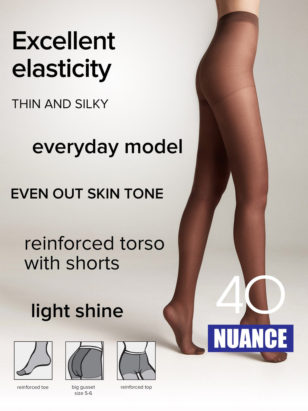 A pair of sheer dark brown pantyhose worn by a model, featuring a reinforced top, gusset, and toe area.