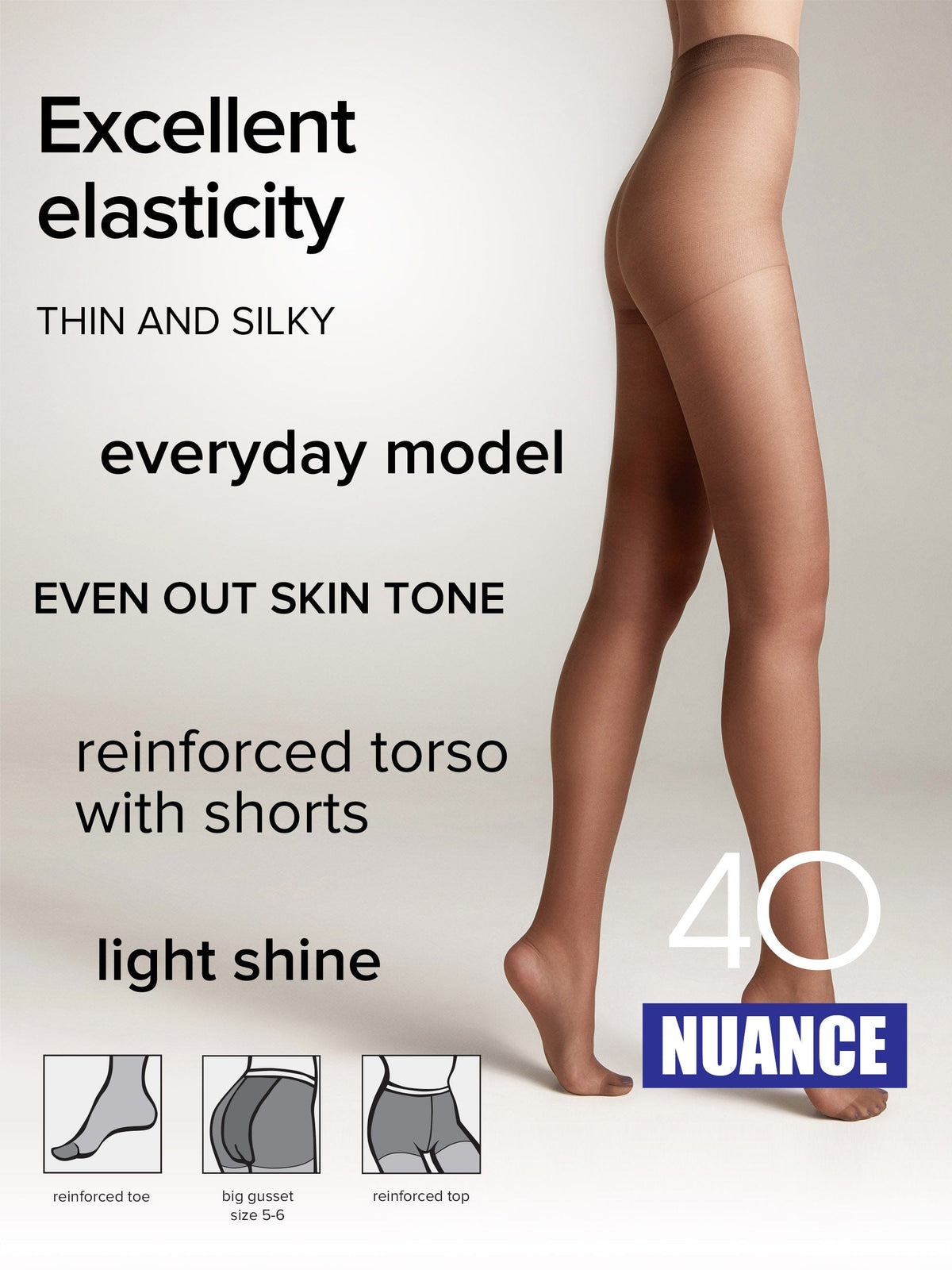 A pair of sheer, light brown pantyhose worn by a model against a neutral background, with text overlays describing product features and icons showing reinforced details.
