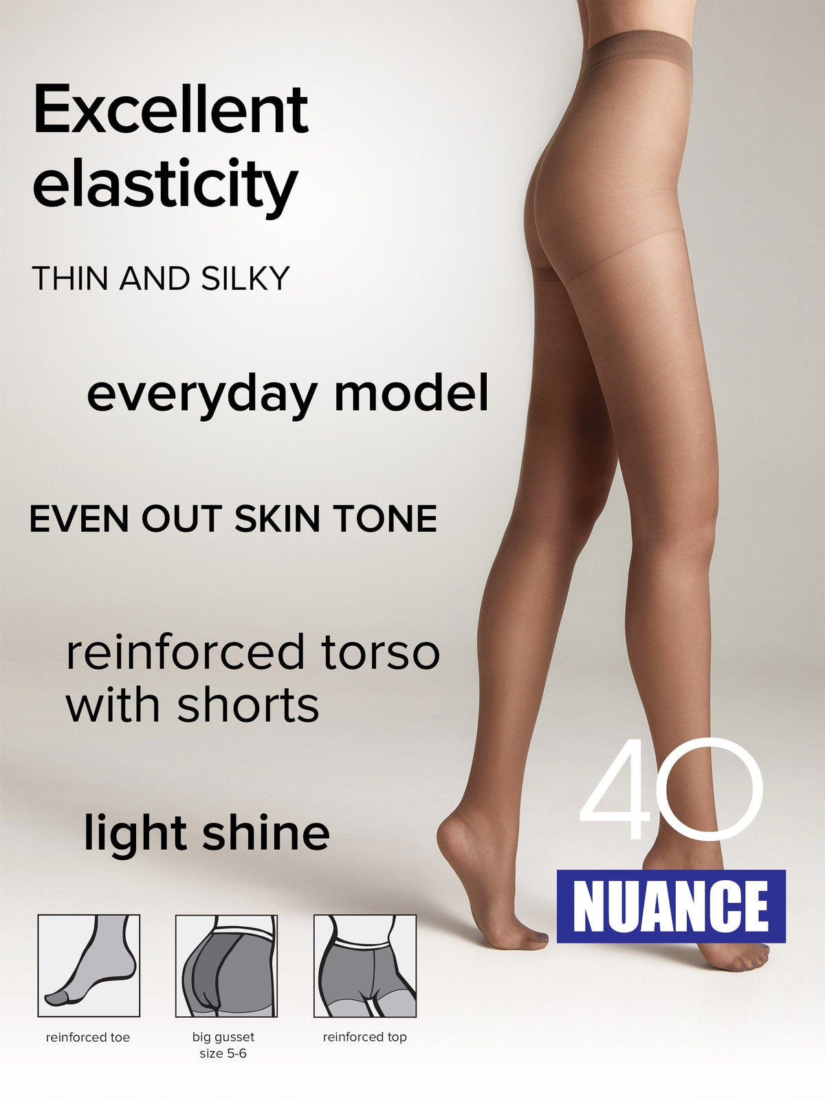 A pair of sheer, tan-colored pantyhose worn by a person, featuring a reinforced torso, shorts-style top, and reinforced toes, displayed against a plain background with small inset diagrams at the bottom.