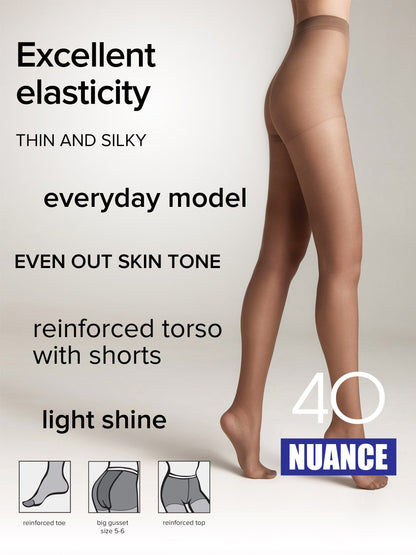 A pair of sheer, tan-colored pantyhose worn by a person, featuring a reinforced torso, shorts-style top, and reinforced toes, displayed against a plain background with small inset diagrams at the bottom.