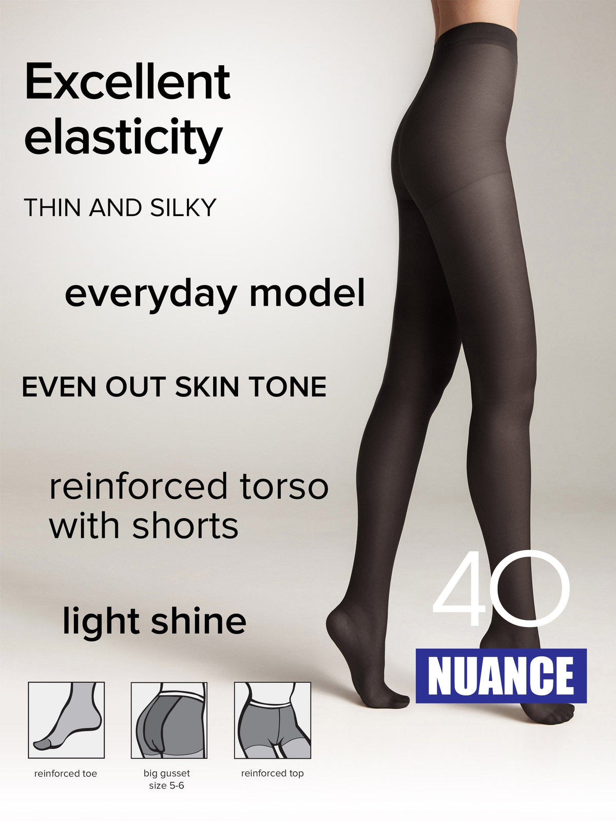 Black sheer pantyhose worn on a pair of legs, featuring a reinforced toe, a gusset, and a reinforced top section.