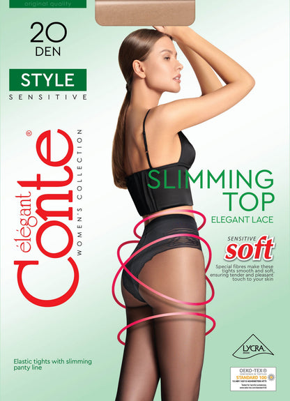 Sheer 20 denier pantyhose with a slimming lace panty section and a seamless finish, displayed on a woman posing from the side.