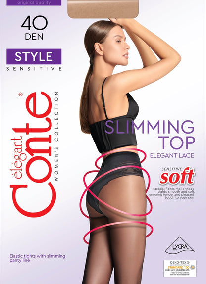 A pair of sheer 40 denier tights on a model wearing a black lace slimming top and dark underwear, with product packaging details displayed on the left.