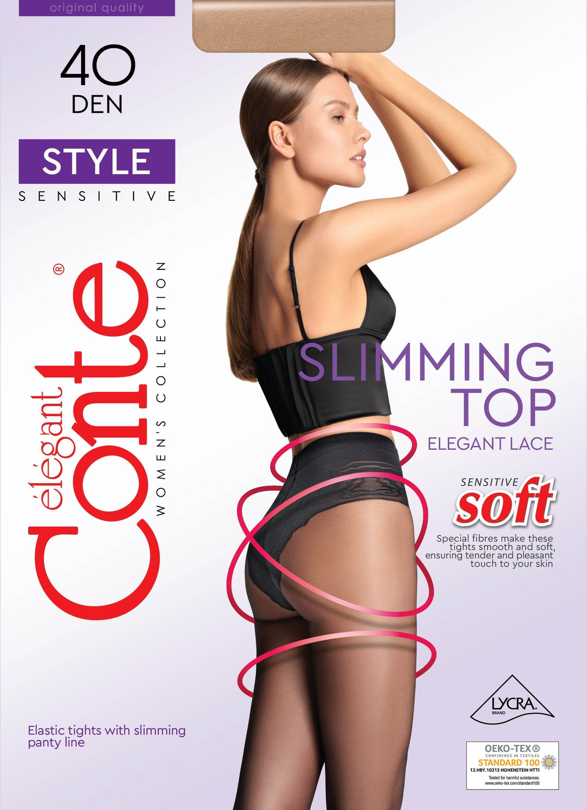 A pair of sheer, tan-colored pantyhose worn by a woman shown from the back, featuring a dark-colored, lace-trimmed slimming top section.