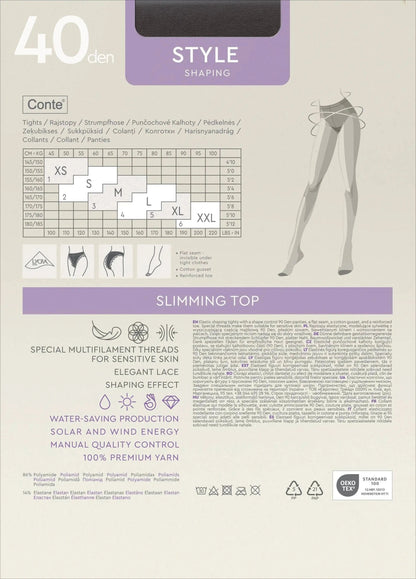 Black shaping tights with a flat seam, cotton gusset, and reinforced toe are displayed in their packaging, which features a detailed size chart and informational icons.