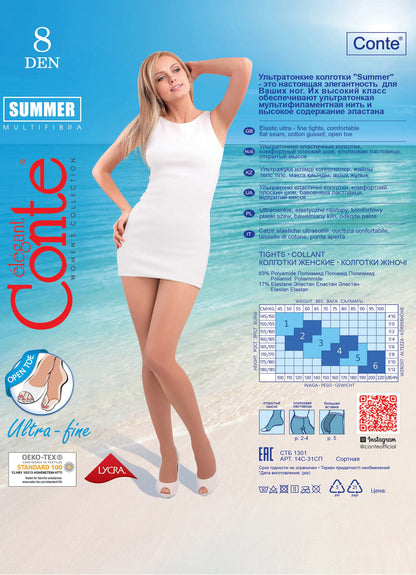 A blonde woman in a short white dress stands on a beach wearing sheer pantyhose with a size and information chart displayed to the right.