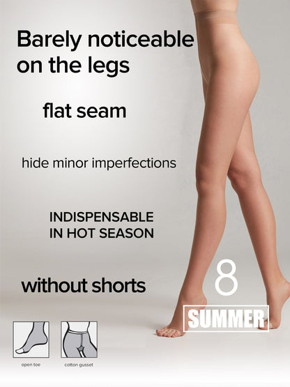 A pair of sheer, light tan pantyhose worn on legs, featuring an open-toe design, a flat seam, and a cotton gusset shown in small inset diagrams.